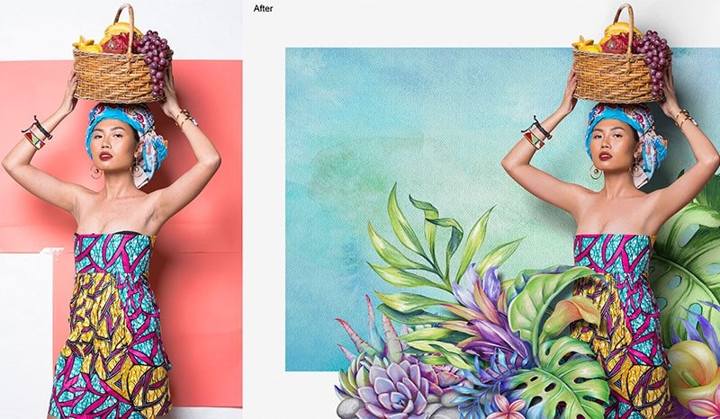 tropical theme photoshoot before and after
