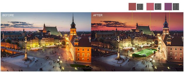 color correction for a plaza's image before and after