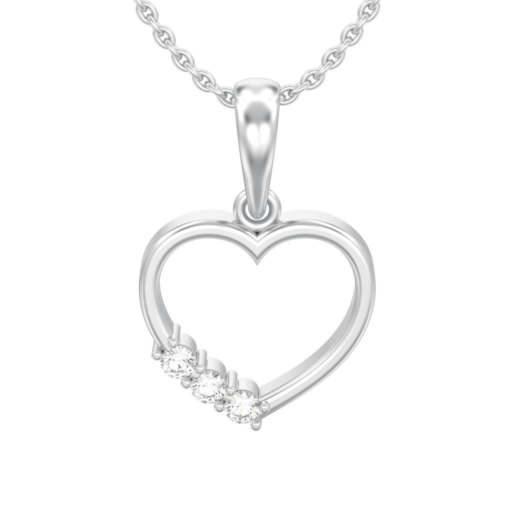 3D illustration isolated white gold or silver diamond heart necklace on chain